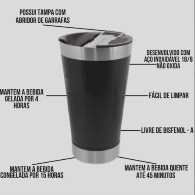 Copo Térmico 473ml - Mantém Bebidas Geladas ou Quentes, Tampa Antivazamento e Abridor de Garrafa Integrado