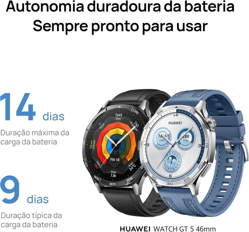 SmartWatch, HUAWEI WATCH GT 5 46mm, Nova experiência de corrida e ciclismo, Sharp-Edged Design, Até 2 semanas de bateria