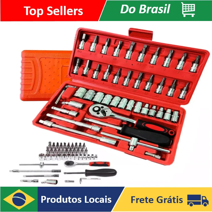 Kit de Ferramentas 46 Peças com Catraca Reversível - Soquetes, Bits e Maleta Inclusa, Ideal para Manutenção Doméstica e Automotiva