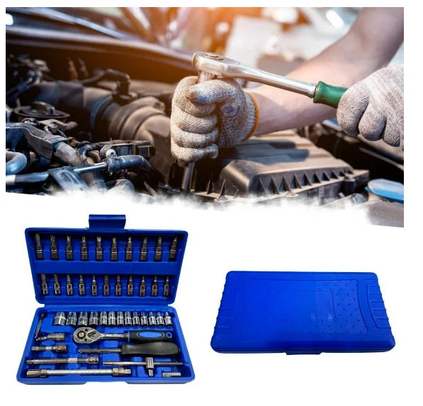 Kit de Ferramentas 46 Peças com Catraca Reversível - Soquetes, Bits e Maleta Inclusa, Ideal para Manutenção Doméstica e Automotiva