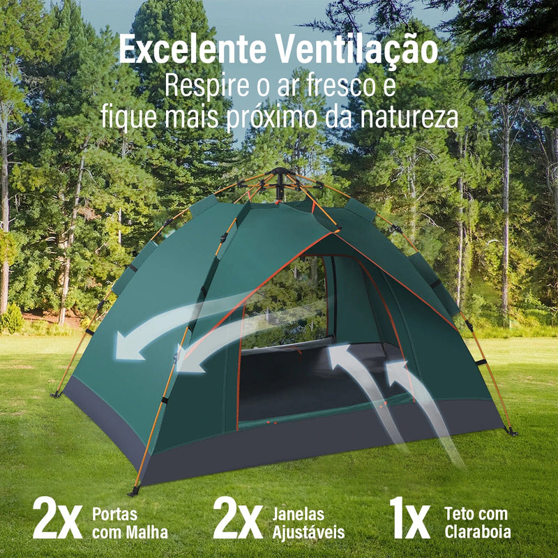 Tenda Pop-up Automática para 3-4 Pessoas - Proteção Solar, Montagem Rápida, Ideal para Camping e Família (Verde/Branco)