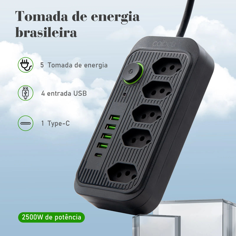 Extensão de Tomada com Filtro de Linha, USB e Proteção contra Sobrecarga - 100-220V, 10A, Ideal para Uso no Brasil