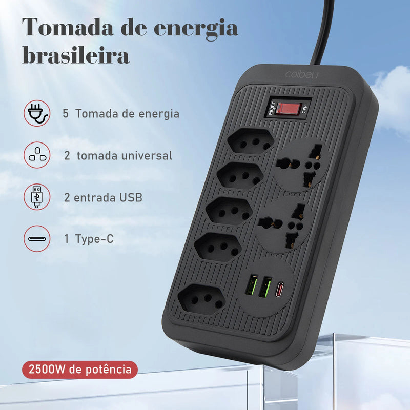 Extensão de Tomada com Filtro de Linha, USB e Proteção contra Sobrecarga - 100-220V, 10A, Ideal para Uso no Brasil