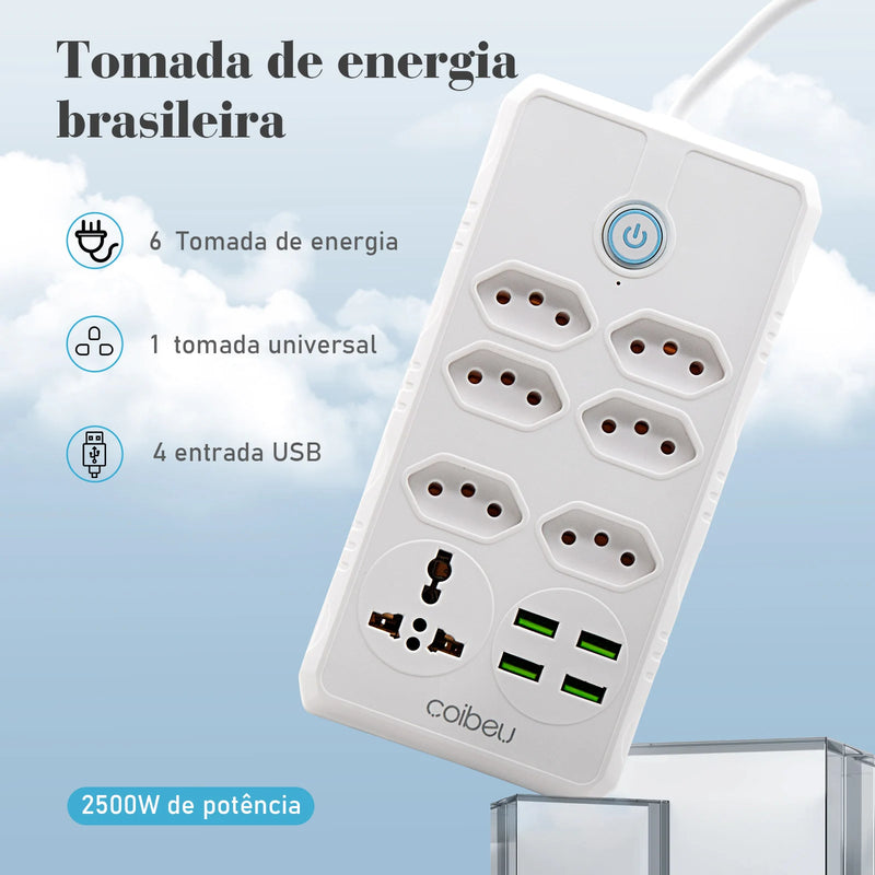 Extensão de Tomada com Filtro de Linha, USB e Proteção contra Sobrecarga - 100-220V, 10A, Ideal para Uso no Brasil