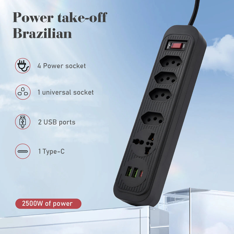 Extensão de Tomada com Filtro de Linha, USB e Proteção contra Sobrecarga - 100-220V, 10A, Ideal para Uso no Brasil