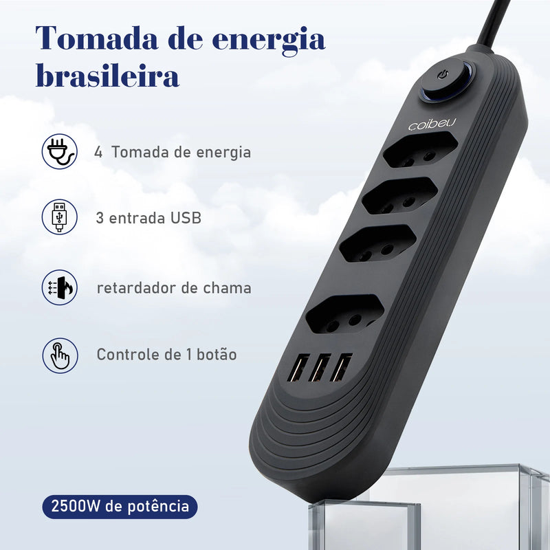 Extensão de Tomada com Filtro de Linha, USB e Proteção contra Sobrecarga - 100-220V, 10A, Ideal para Uso no Brasil